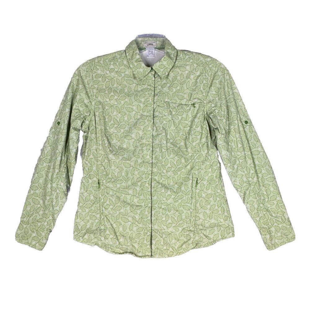 LL Bean Shirt Womens Small Green White Floral Snap Button Up Fishing Outdoors